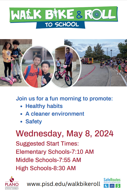 Strap on the helmets, lace up the shoes and get ready for National Walk, Bike and Roll to School Day on Wednesday, May 8, 2024, to help promote healthy habits, a cleaner environment and safety! To view safety maps, start times and learn more, visit: pisd.edu/walkbikeroll.