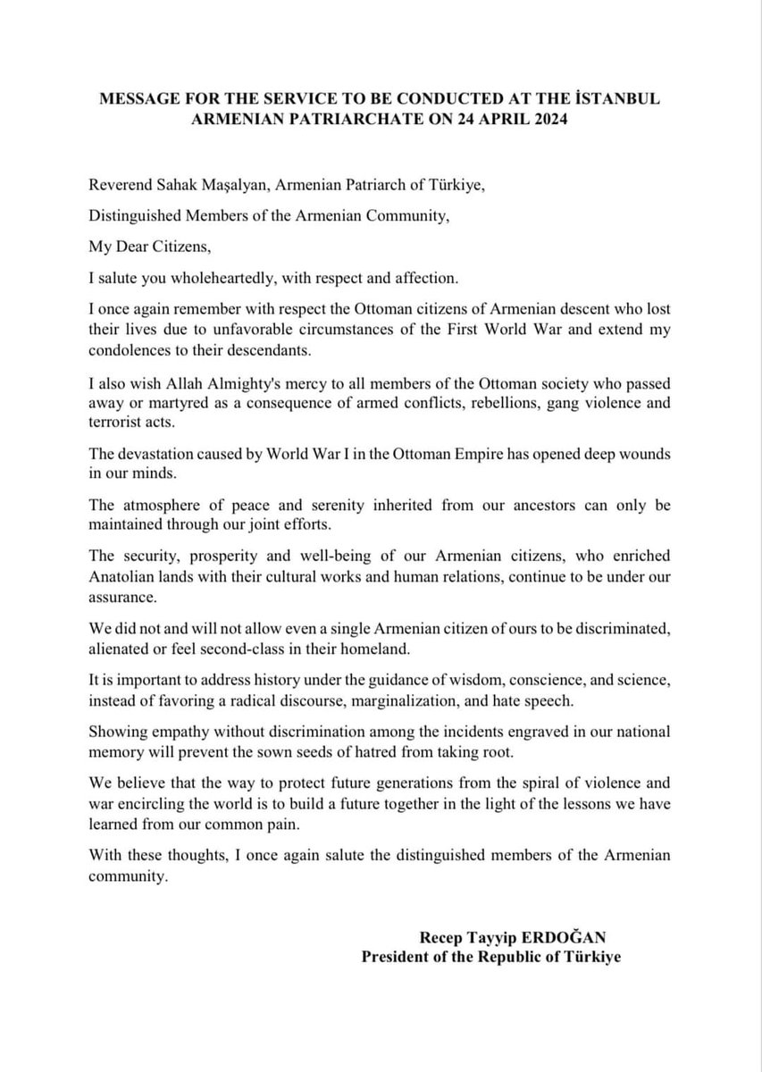 Sayın Cumhurbaşkanımızın 24 Nisan 2024 Tarihinde İstanbul Ermeni Patrikhanesi’nde Yapılan Dini Törene İlettikleri Mesaj Message from H.E. President of the Republic of Türkiye for the Service Conducted at the İstanbul Armenian Patriarchate on 24 April 2024