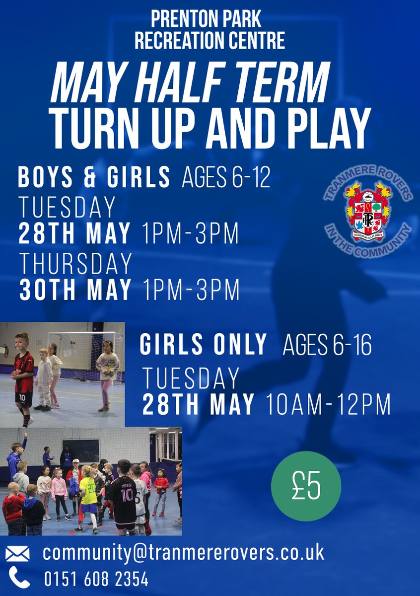 ⚽️ You can now book your child's place on our May half-term Turn Up and Play sessions. We're limited to 40 places, so make sure to book while they're still available by emailing Community@tranmererovers.co.uk. There's a girls-only session and two mixed sessions. #TRFC #SWA