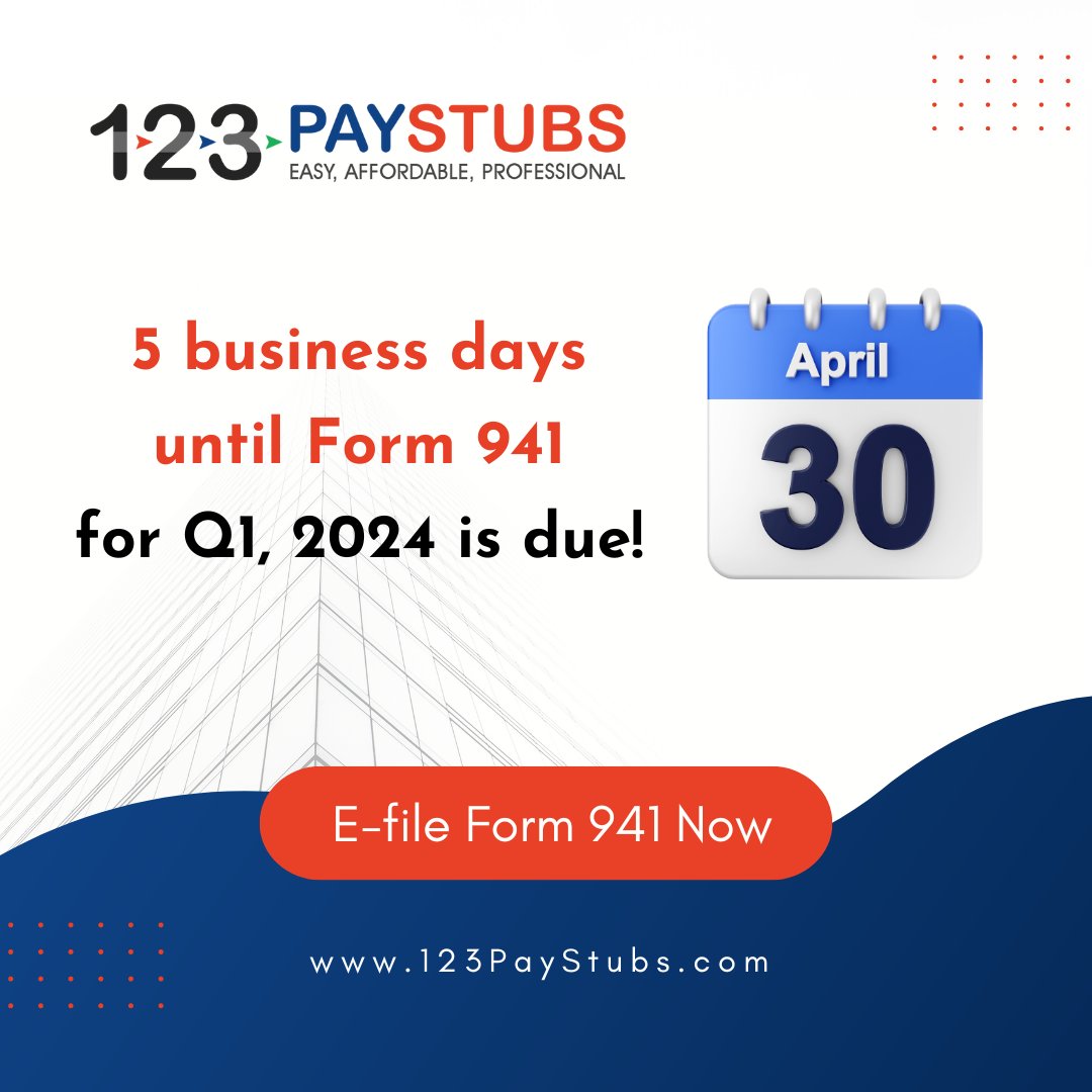 The deadline to file Form 941 for the first quarter of 2024 will be here before you know it!

Get started today: bit.ly/3DAP17f 

 #Form941 #Q1941