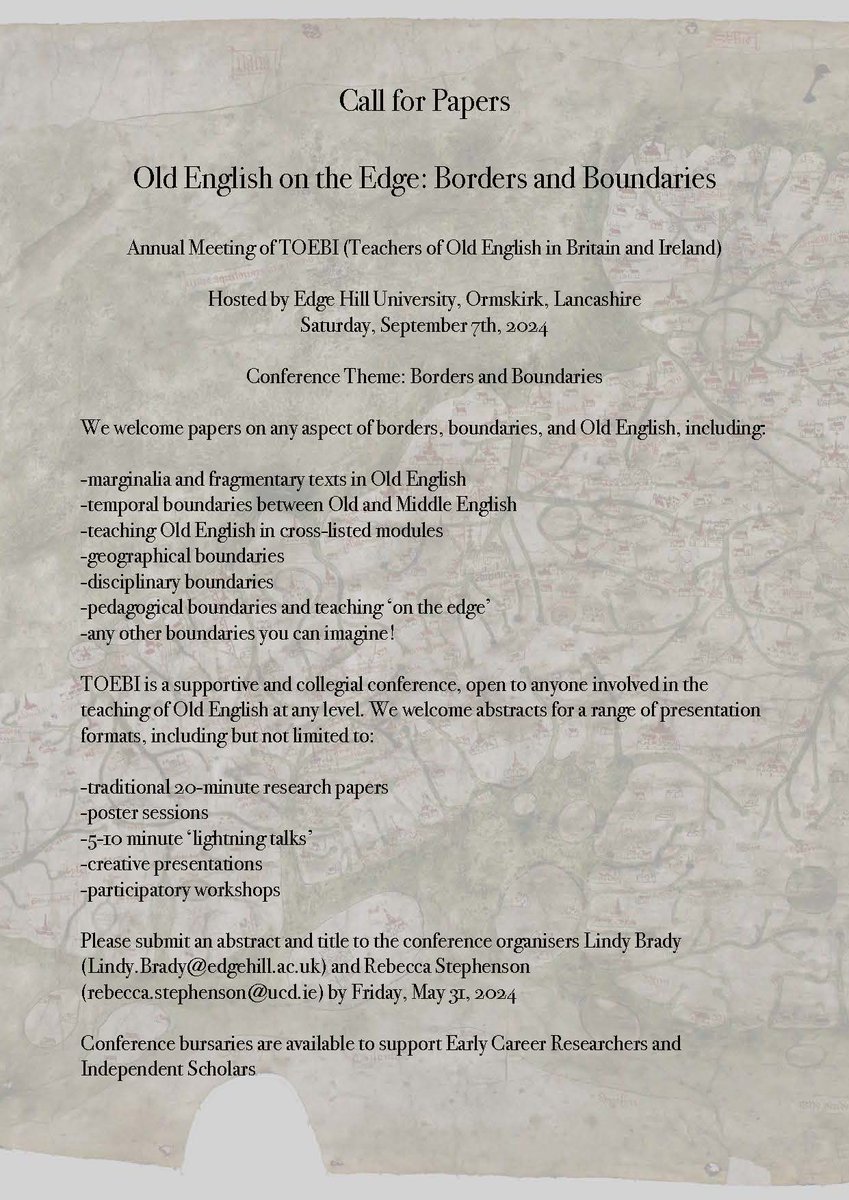 📢#TOEBI2024 #CFP #OldEnglish #medievaltwitter 
📨We welcome abstracts for a range of presentations on Borders and Boundaries, including poster sessions, lightning talks (5-10mins), creative sessions, and workshops
📲Details here: rb.gy/c4zto9.
📆Deadline: 31 May 2024