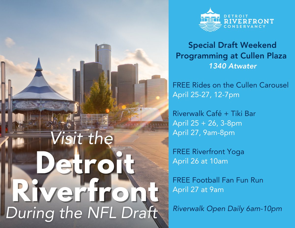Check out the schedule this week at Cullen Plaza on the Detroit Riverfront! Visit the link for more information and to register for yoga and the fun run: detroitriverfront.org/things-to-do