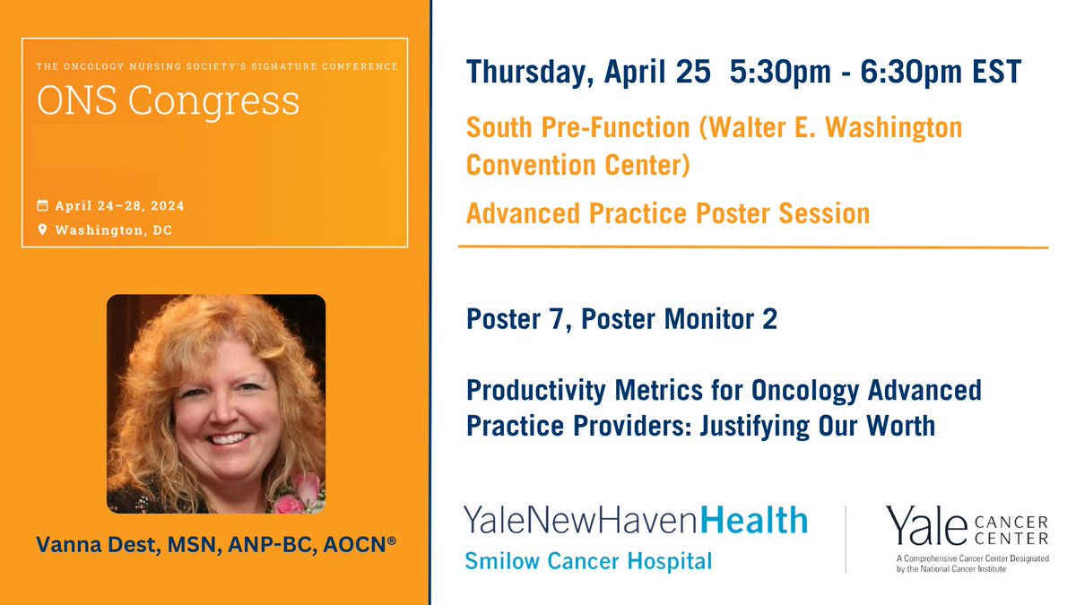 This afternoon at 5:30pm, Vanna Dest, MSN, ANP-BC, AOCN®, will be presenting an abstract on developing Advanced Practice Provider (APP) billable and non-billable productivity metrics. #ONSCongress #ONS24 ons.confex.com/ons/2024/meeti… @SmilowCancer @YaleMed @YNHH @YaleNursing