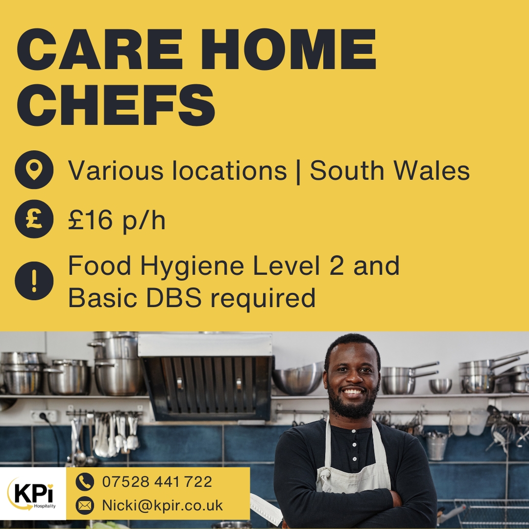 **CARE HOME CHEFS** Various locations in South Wales. £16 p/h.

Call 07528 441 722 or email Nicki@kpir.co.uk to apply.

Visit bit.ly/KPIHosp to find MORE Hospitality jobs!

#ChefJobs #CookJobs #SouthWalesJobs #NewportJobs #CardiffJobs #SwanseaJobs #KPIRecruiting
