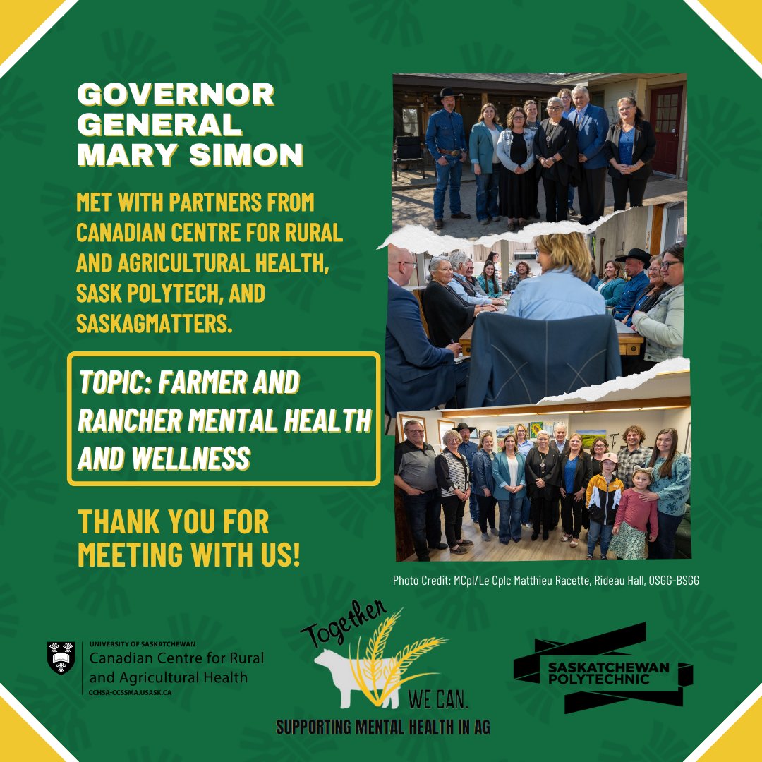 Thanks to #GGMarySimon for yesterday’s farm visit and discussion about farmer and rancher mental health moderated by @usask_ccrah Director Dr. Shelley Kirychuk, and including partners @saskpolytech @SKFARMh @saskagsafety and SaskAgMatters.