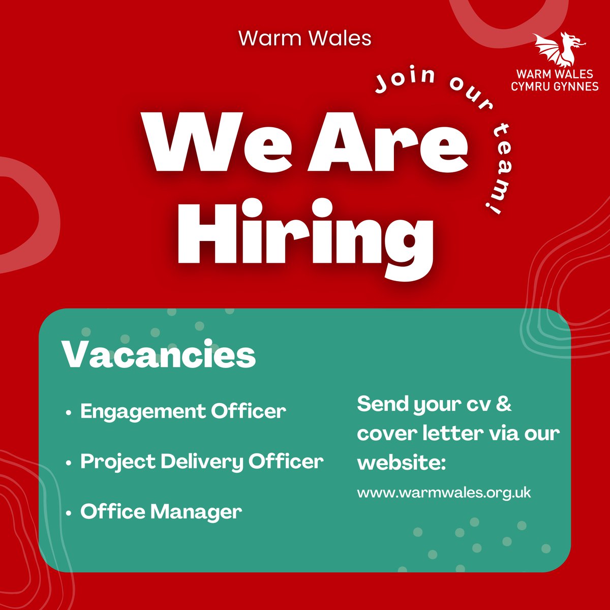 We at Warm Wales are hiring! We have jobs across Wales available! Visit our website for full job descriptions & to apply 😀 warmwales.org.uk/job-vacancies/