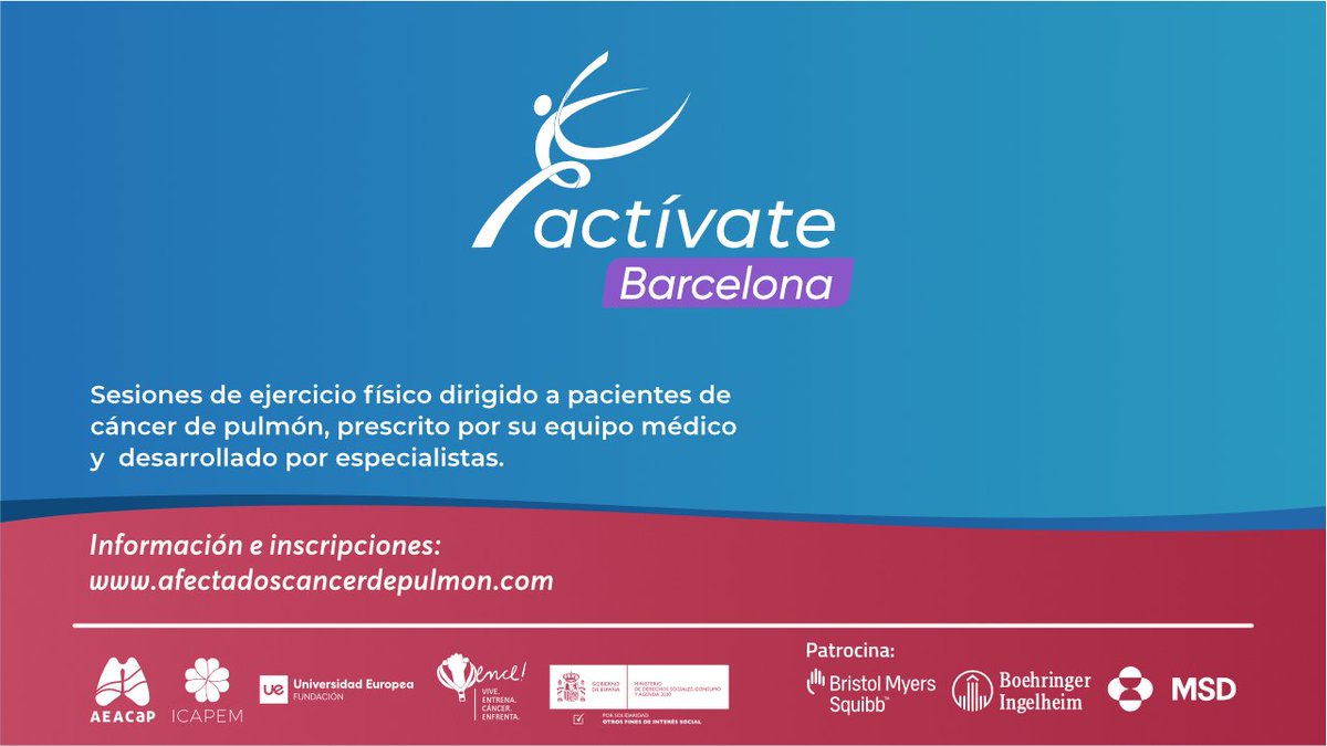 🔵 ¿Quieres participar en el programa #Actívate #Barcelona? 👉 Dirigido específicamente a pacientes con #cáncerdepulmón 👉Grupos reducidos 👉 Combina ejercicio físico aeróbico y de fuerza con otras pautas para mejorar la capacidad física y emocional ℹ️ bit.ly/AEACaP-Activat…