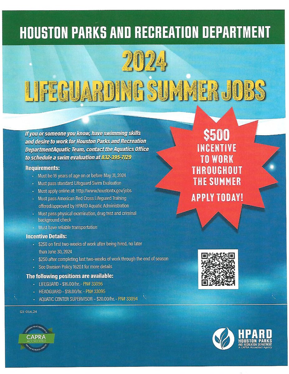 🌞📚 Looking for summer opportunities? Houston Parks and Recreation Dept. is thrilled to announce a variety of summer jobs available for our talented students. Don't miss out on this chance to gain valuable experience while enjoying your summer break!

houstontx.gov/parks/
