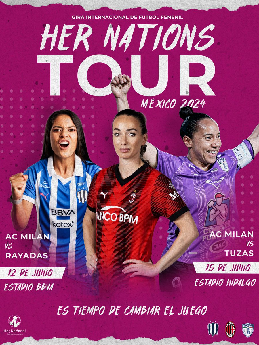 Oficialmente “Las Rossonere” AC Milán Femenil se enfrentan a dos de los grandes equipos de la Liga MX Femenil en el Estadio BBVA de Monterrey y el Estadio Hidalgo de Pachuca.🇲🇽

#HerNationsTour: ¡es tiempo de cambiar el juego!⚽️🙌🏼