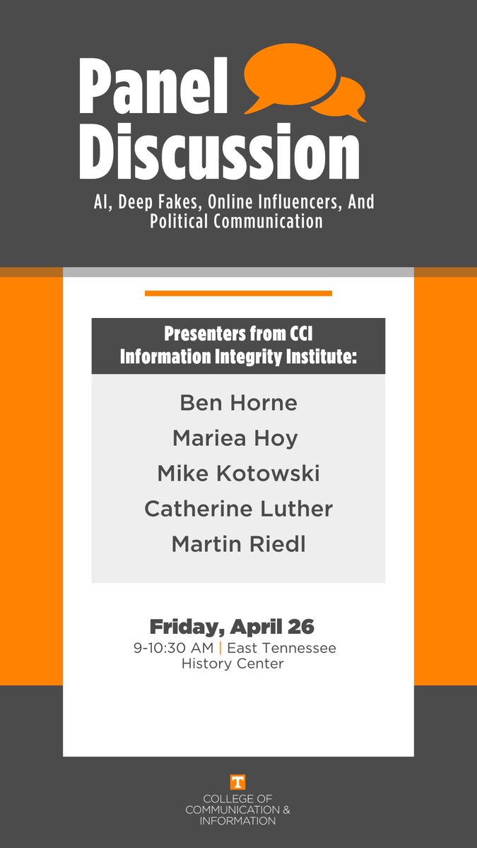 Please join CCI's Information Integrity Institute on Friday, April 26, as they present at the @knoxreads Truth and Consequences Symposium. The fellows will have a discussion on AI, Deep Fakes, Online Influencers, and Political Communication.