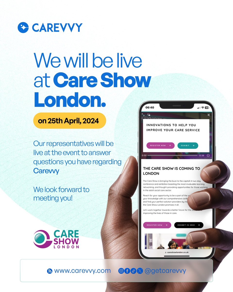 Here’s your chance to learn more about Carevvy from our representatives! We can’t wait to see you tomorrow 🤭

Also, stay tuned to our Stories for updates from the Care Show. 

#careshowlondon2024 #carevvy #carehomesuk #careworkers  #futureofcaregiving #careindustryuk