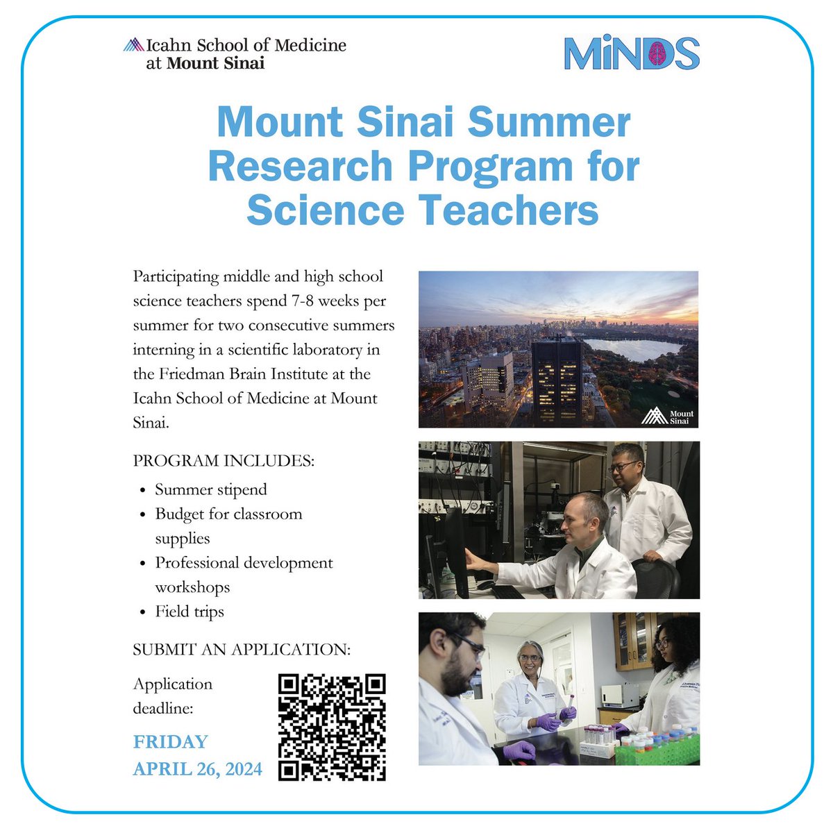 Friedman Brain Institute (@sinaibrain) on Twitter photo DEADLINE FRIDAY 4/26📣CALLING NYC science teachers! INTERESTED in hands on research experience in a biomedical science lab? JOIN <a href="/MountSinaiNYC/">Mount Sinai Health System</a>’s Summer Research Program for Science Teachers!⚡️Summer stipend 💫Professional dev workshops & more. DETAILS 👉tinyurl.com/2szapupb DEADLINE FRIDAY 4/26📣CALLING NYC science teachers! INTERESTED in hands on research experience in a biomedical science lab? JOIN <a href="/MountSinaiNYC/">Mount Sinai Health System</a>’s Summer Research Program for Science Teachers!⚡️Summer stipend 💫Professional dev workshops & more. DETAILS 👉tinyurl.com/2szapupb