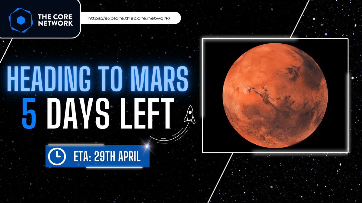 explore_thecore's tweet photo. Heading to Mars! 🚀
Only 5 days left until the estimated Mars Landing on April 29th! ⏳
Brace yourselves for a breathtaking adventure across the stars. ⭐
Set your sights on the red planet! 🔴
#ExploreTheCore $IFL #MarsMission #InfluenceToken https://t.co/KepW5e5j7r