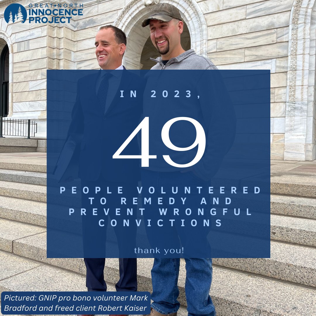 Volunteers are a critical part of fighting injustices & freeing the innocent! In 2023, 49 people contributed their time, skills, & passion to advancing justice & freeing wrongfully convicted people with the Great North Innocence Project. Thank you! #VolunteerAppreciationWeek