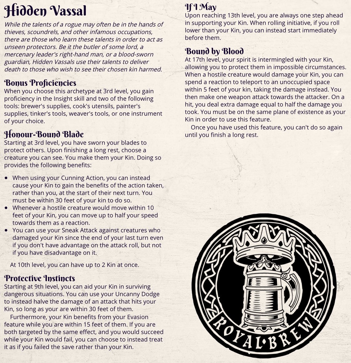 Brew of the day! 35 of 130: Rogue’s Hidden Vassal subclass! One of my personal favorites, use your stealth and agility to protect your allies! #5e #homebrew #ttrpg