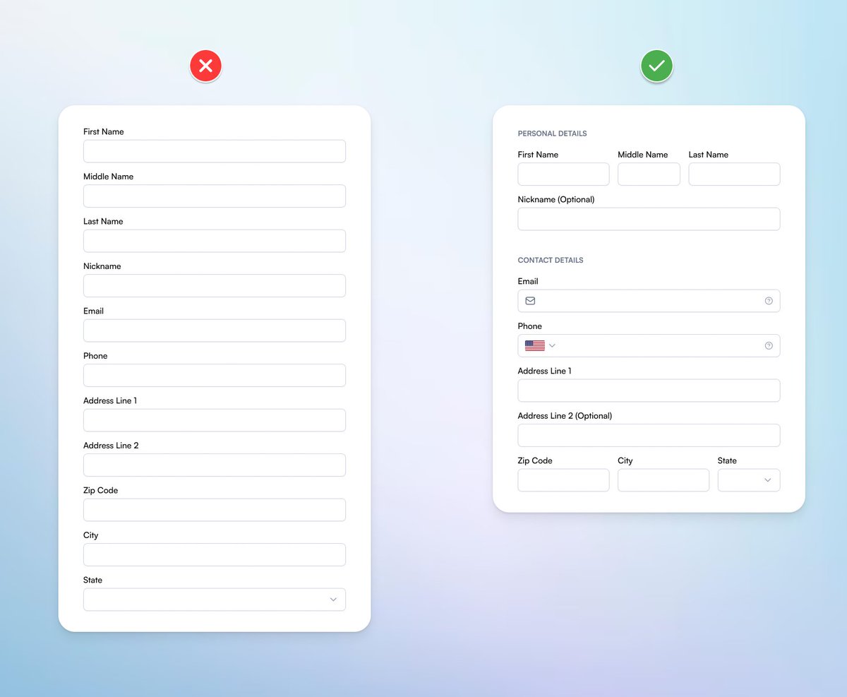 UI/UX Design Tip🤩

Always simplify the form with logical grouping of fields