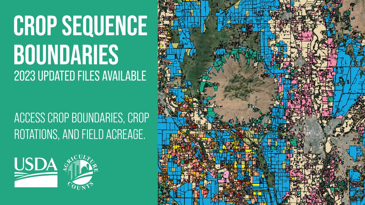 Updated files for Crop Sequence Boundaries that offer visual crop rotation data are now available. Developed with @USDA_ERS, CSB is a map of ag fields that provides crop acreage estimates & historical planting decisions across the U.S. Discover more ➡️ nass.usda.gov/Research_and_S…