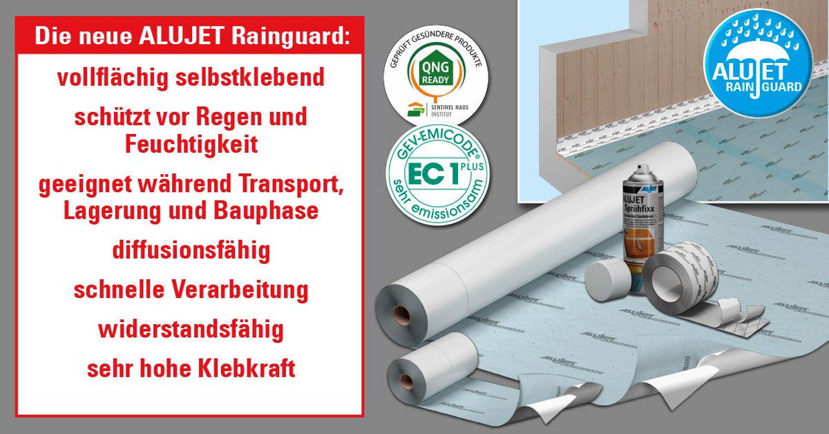 Die ALUJET Rainguard ermöglicht durch Ihre Eigenschaften einen sicheren Arbeitsablauf. Die vollflächig selbstklebende Bahn bietet ähnlich einer Versiegelung allen Holzkonstruktionen, Holzelementen und -modulen einen wirkungsvollen Schutz vor Regen und einwirkender Feuchtigkeit.