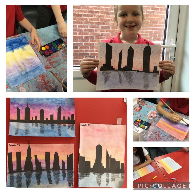 Children in Y4 have been creating a New York City skyline in art. They have used chalk and watercolours to blend the colours to create a sunset effect. They also used black paper and crayon for the silhouette and reflection. They look amazing! #PVArt 🌞 🌅 🗽