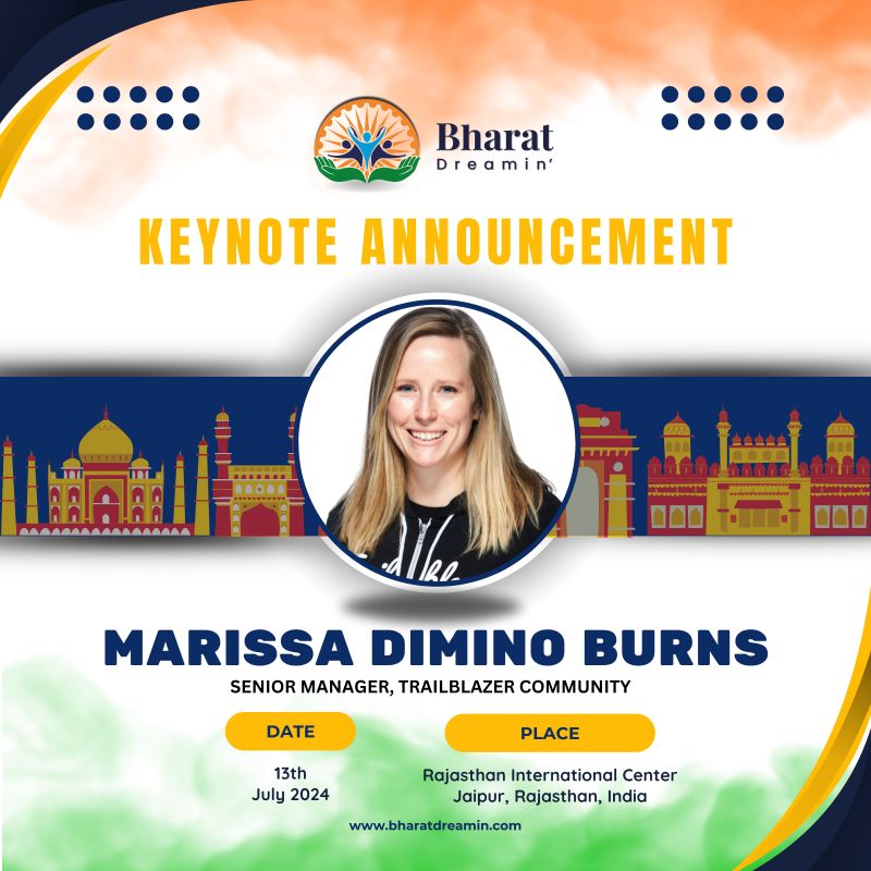 We are glad to announce 'Marissa Dimino Burns' @diminom (Senior Manager, Trailblazer Community) as first Keynote Speaker for Bharat Dreamin'🇮🇳 Marissa is very excited for her first visit to India and dedicated to support Trailblazers around the world🌏🤝#BharatDreamin