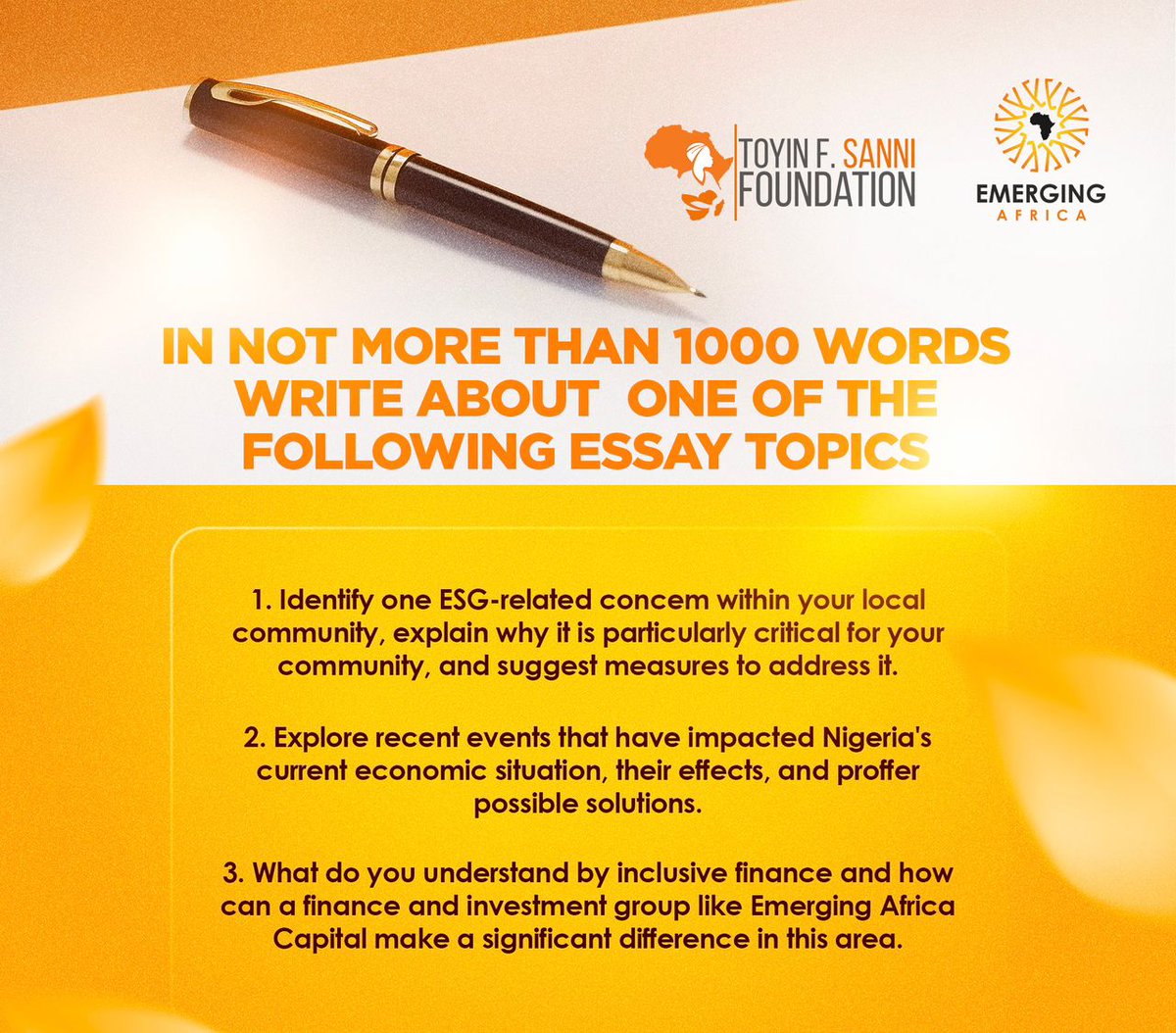 1.5Million, 1Million and 500k up for grabs😳 Toyin F. Sanni X Emerging Africa Group Essay writing competition is about to change the lives of 9 lucky Jambites/Secondary Students. If you're interested, check thread for procedures, goodluck.