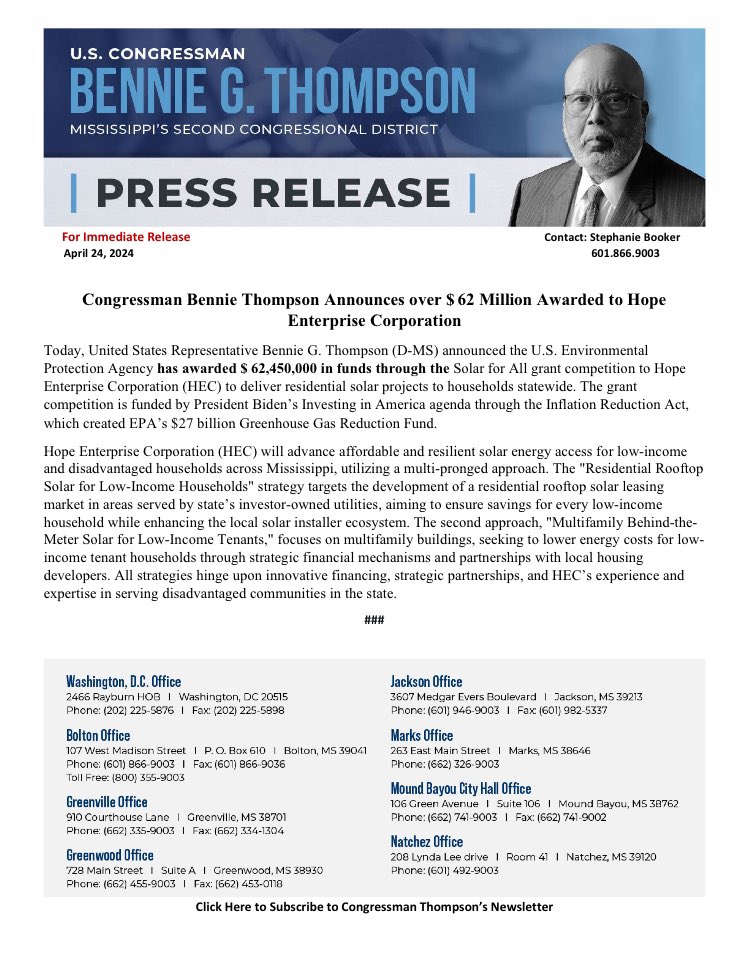 Congressman Bennie Thompson Announces over $ 62 Million Awarded to Hope Enterprise Corporation