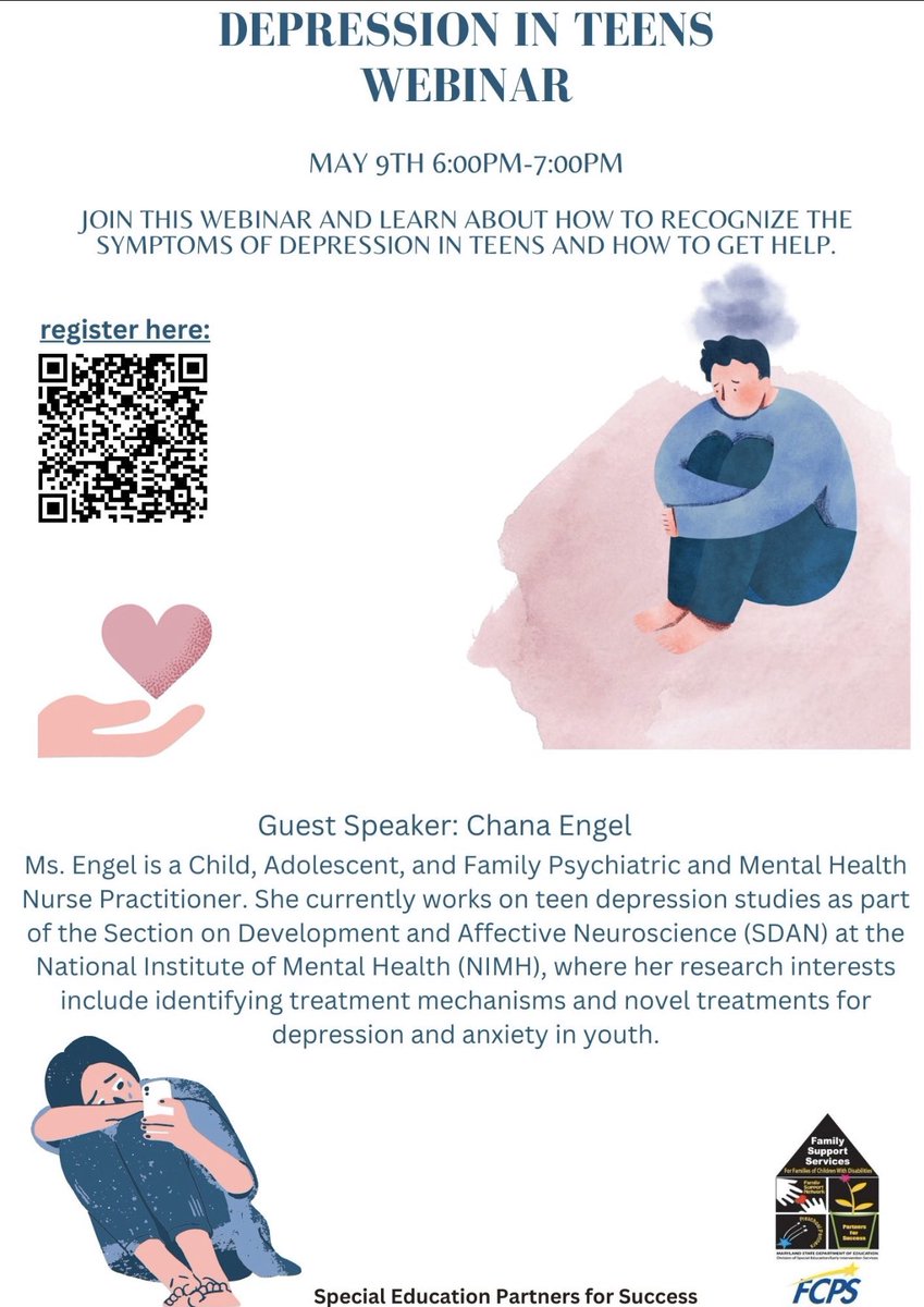 Please join FCPS Special Education Partners for Success May 9 from 6 to 7 p.m. in this webinar and learn about how to recognize the symptoms of depression in teens and how to get help. Follow the link to sign up: docs.google.com/forms/d/e/1FAI…