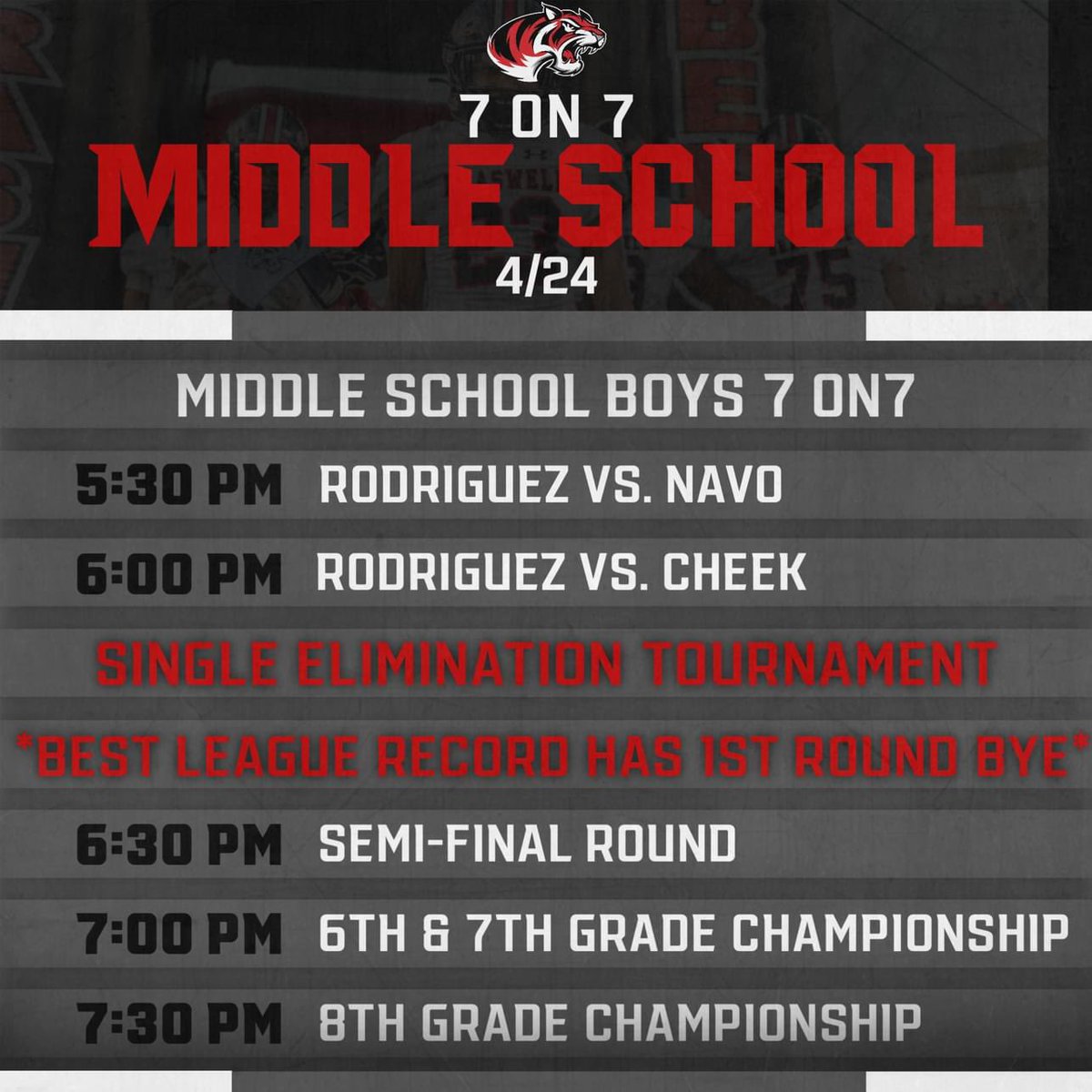 𝐌𝐈𝐃𝐃𝐋𝐄 𝐒𝐂𝐇𝐎𝐎𝐋 𝟕 𝐎𝐍 𝟕! 🐅 Future Bengals will be competing tonight in 7 on 7 at Carrico Stadium! 🕠 5:30 P.M. After pool play games, we will start the tournament! Find out who will win it all! Schedule is attached. #KeepChoppingWood 🪓