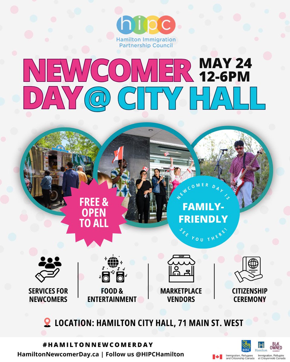 🎉Get ready #Hamilton! Newcomer Day 2024 is just around the corner! 🌟 Save the date for this annual event that will take place on May 24. #HamiltonNewcomerDay is all about embracing newcomers. Best part? It's FREE for all! 🙌 Visit HamiltonNewcomerDay.ca to learn more!