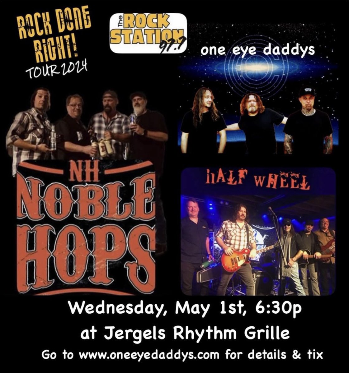 @oneeyedaddys open the show (6:30p) with #noblehopsmusic and #halfwheelband at @jergels Get tix at oneeyedaddys.com #supportlocalmusic #originalmusic #pittsburghmusicscene #livemusic