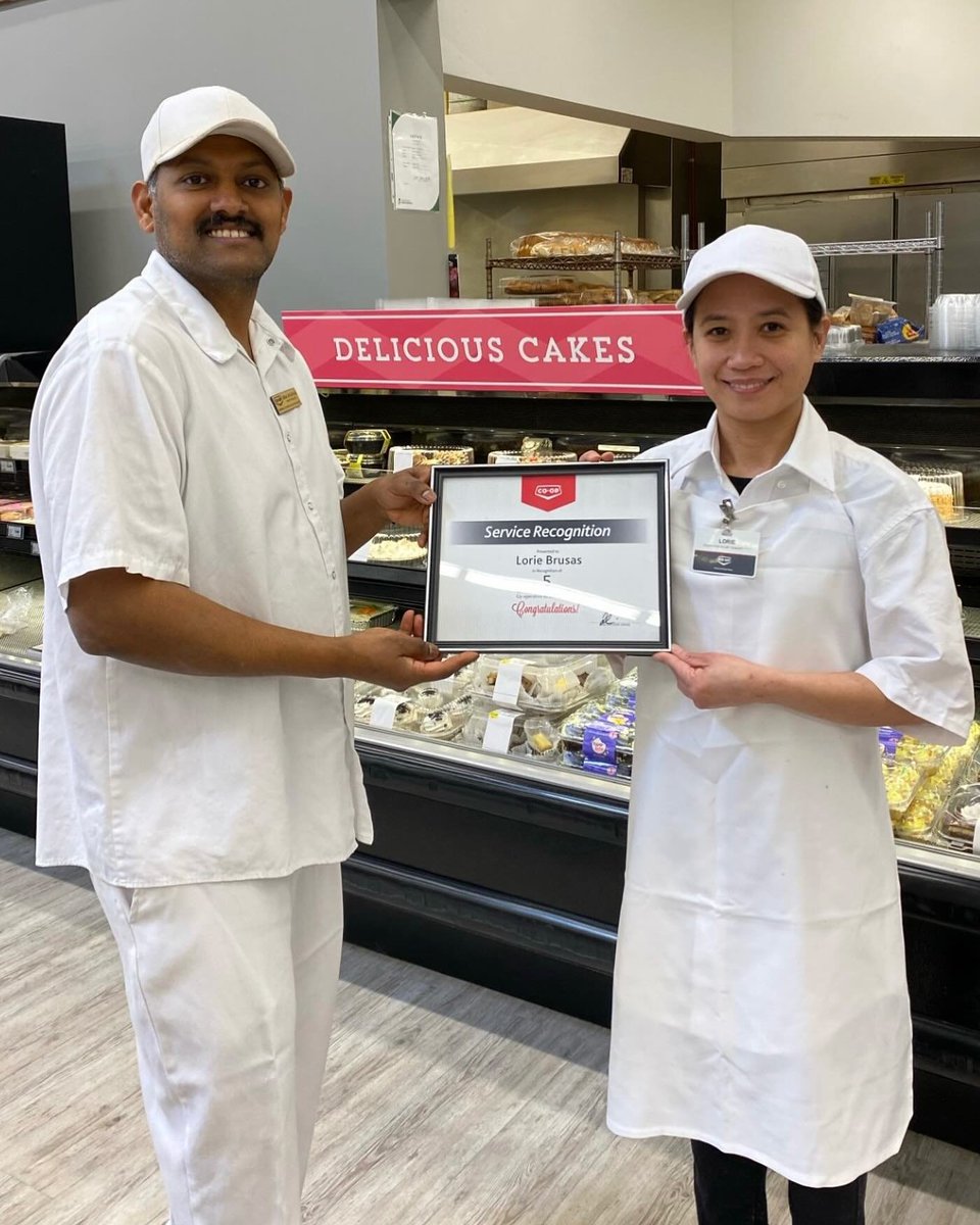 Congratulations Lori Brusas on 5 years of service at Sherwood Co-op! Lori showcases her creative talents as a baker in our Quance Food Store’s Bakery. Thank you Lori for 5 years of exceptional work. Pictured (L to R): Chidam Arunachalam – Bakery Manager, Lori Brusas