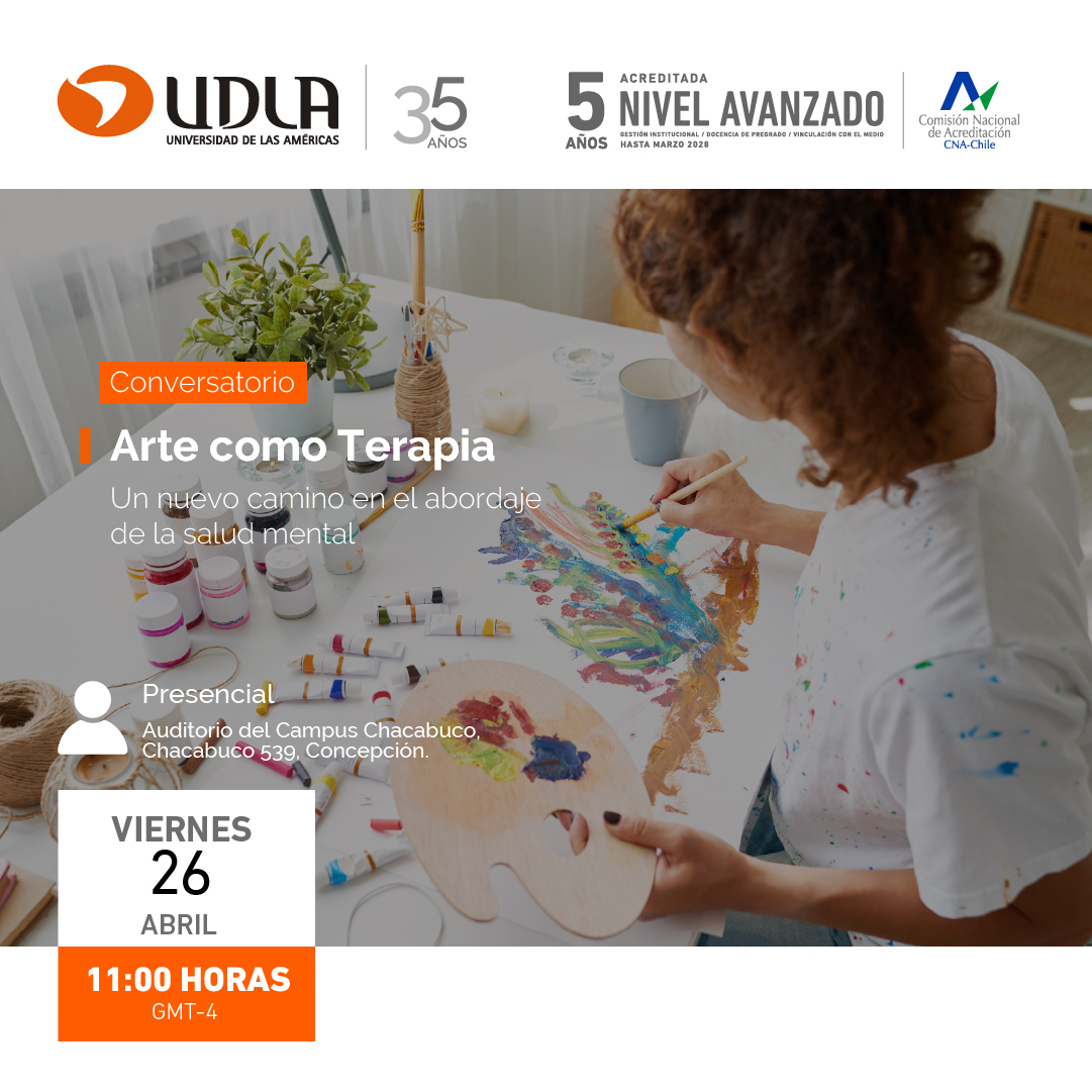 valeortiz's tweet photo. Universidad de Las Américas, sede Concepción, invita al Conversatorio “Arte como Terapia”. 
Expone: Psiquiatra Carlos de Los Ríos Möller.
📅 Viernes 26 de abril  
⏰ 11:00 horas
📍Auditorio de Campus Chacabuco, Chacabuco #539, Concepción.
🔗Inscripciones: https://t.co/WKccSvcoAw https://t.co/pZ3ZFzeCAj