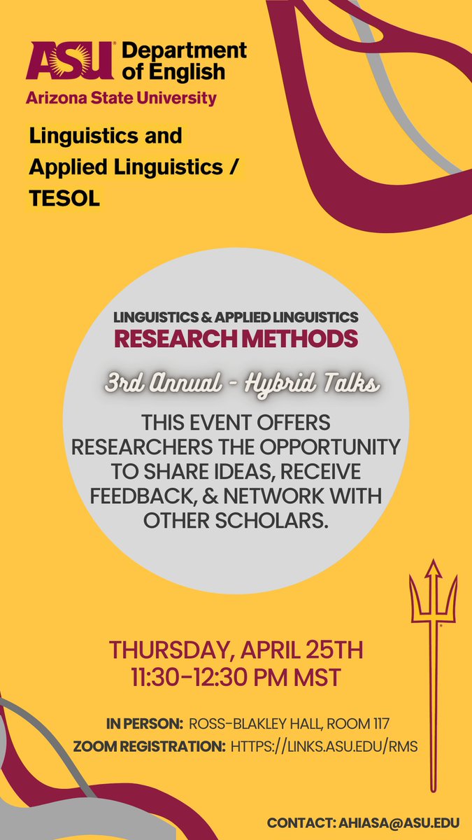 ASU LAL/TESOL (@asulinguists) on Twitter photo We're looking forward to learning about the research of our ASU LAL/TESOL PhD students tomorrow! Attend in person or online. @yeachanchoi @ayakohiasa <a href="/gilbertopereira/">gilbertopereira</a> <a href="/asuEnglish/">ASU English Dept.</a>
Virtual Registration: asu.zoom.us/.../tZckduGqrT… We're looking forward to learning about the research of our ASU LAL/TESOL PhD students tomorrow! Attend in person or online. @yeachanchoi @ayakohiasa <a href="/gilbertopereira/">gilbertopereira</a> <a href="/asuEnglish/">ASU English Dept.</a>
Virtual Registration: asu.zoom.us/.../tZckduGqrT…