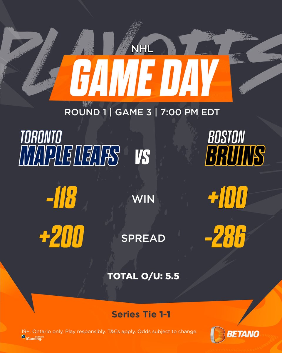 It's all square as the Leafs and Bruins face off in Game 3 tonight! 🏒 With the series tied, every play counts. Who will take the lead? 🍁🔥 #BetanoCanada #Hockey