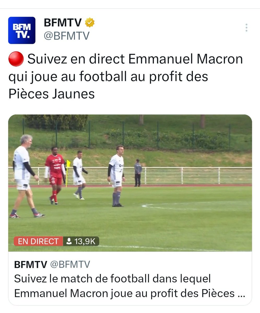 À BFMTV, on avait jugé inutile de diffuser la cérémonie de panthéonisation des Manouchian mais là, on trouve important de donner le moyen de montrer Macron, fossoyeur de l'hôpital public, jouer au foot pour les pièces jaunes. Vive le Télécon.