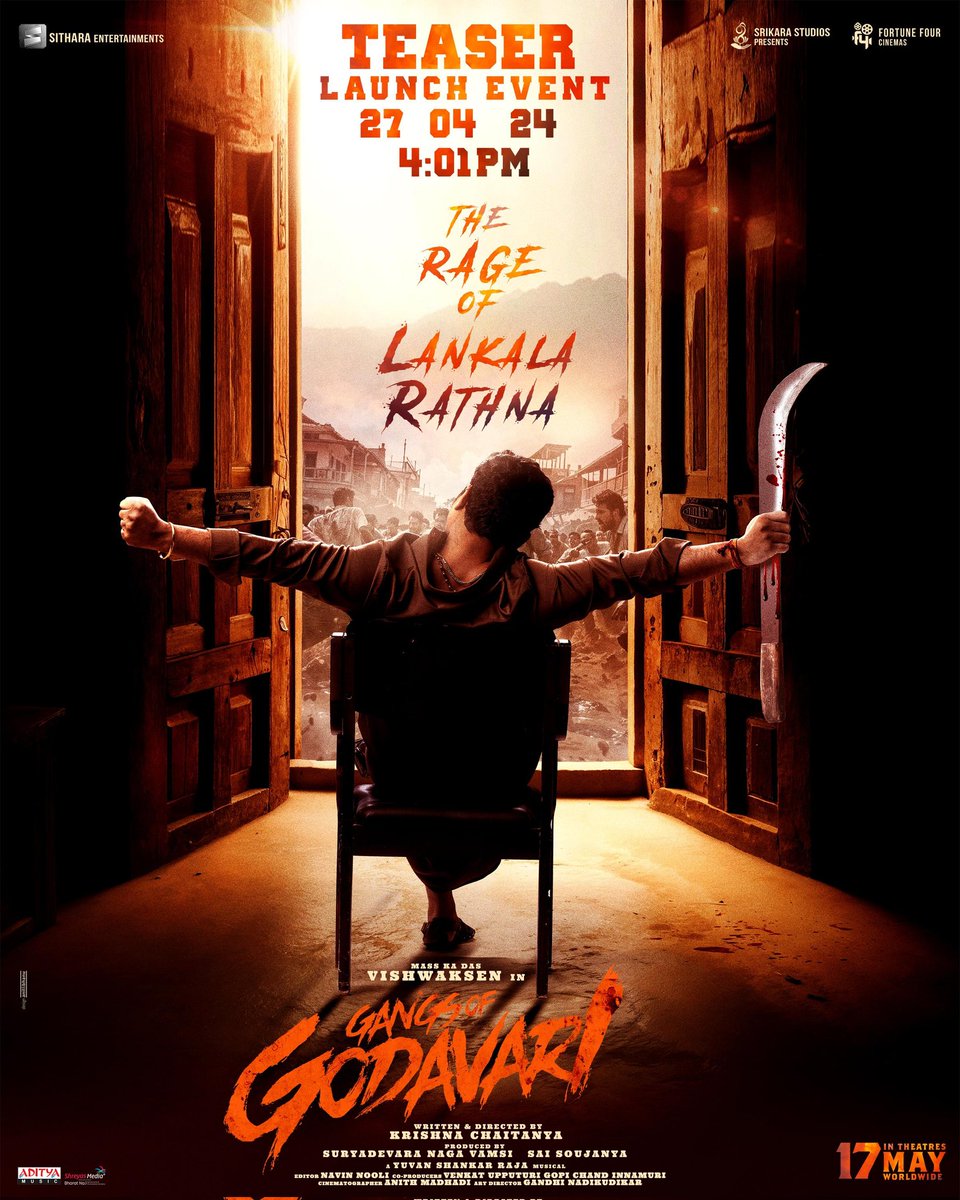 The Rage of Lankala Rathna 
#GangsOfGodavari 🔥🌊 teaser Launch Event on 27th April @ 04:01 PM!

In Cinemas on 17th May 

#MassKaDas #VishwakSen
#NehaShetty #GOGOnMay17th #YuvanShankarRaja #KrishnaChaitanya