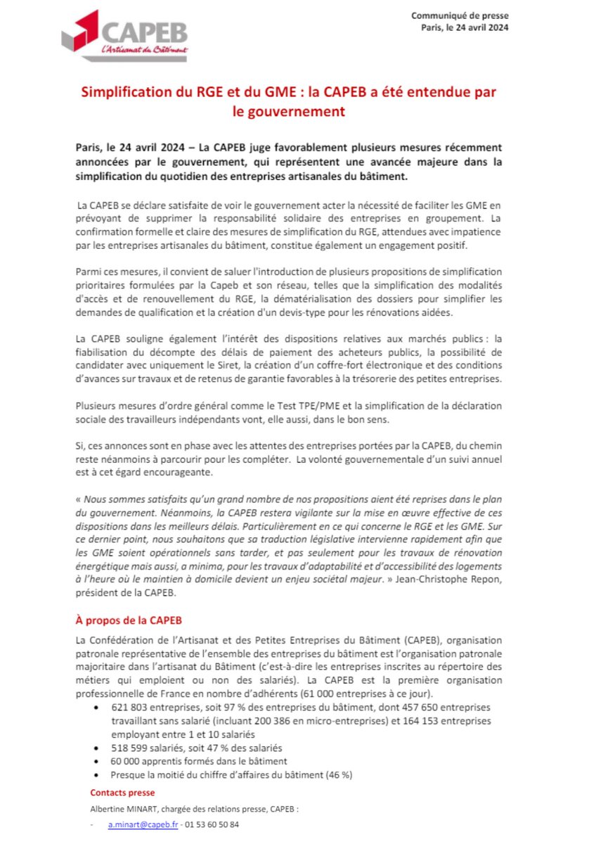 capeb_fr's tweet photo. 🚨VICTOIRE sur la simplification du RGE et du GME.

✅Plusieurs propositions de simplifications prioritaires, formulées par la Capeb et son réseau ont été entendues. Des mesures récemment annoncées par le Gouvernement vont faire avancer les choses, notamment :
🔸La facilitation des GME : il est prévu de supprimer la responsabilité solidaire des entreprises de      groupement.
🔸La simplification des modalités d’accès et de renouvellement du RGE.
🔸L’intérêt des dispositions relatives aux marchés publics.

➡️A noter, plusieurs mesures d’ordre général comme le test TPE/PME et la simplification de la déclaration sociale des travailleurs indépendants vont, elle aussi, dans le bon sens.

📣« Nous sommes satisfaits qu’un grand nombre de nos propositions aient été reprises dans le plan du gouvernement. Néanmoins, la CAPEB restera vigilante sur la mise en œuvre effective de ces dispositions dans les meilleurs délais. Particulièrement en ce qui concerne le RGE et les GME. […] » @reponcapeb 

🏆Une avancée majeure dans la simplification du quotidien des entreprises artisanales du bâtiment.

En savoir + : https://t.co/ue7MSLy1az