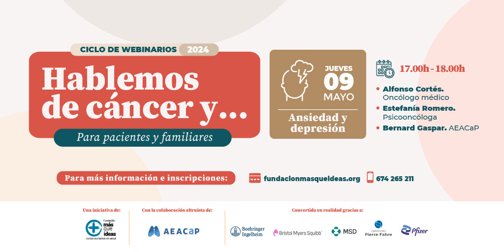 🔵🫁 ¿Hablamos de cáncer y... ansiedad y depresión? ➡️ Contará con la participación de: 🔹@AlfonsoCorts9, médico oncólogo 🔹@EstefaniaRom91, psicooncóloga de @FundacionMQI 🔹@bernardgaspar14, presidente de @AEACaP 🗓️ 9 de mayo 🕔 17h ℹ️ Inscríbete 👉fundacionmasqueideas.org/portfolio/habl…