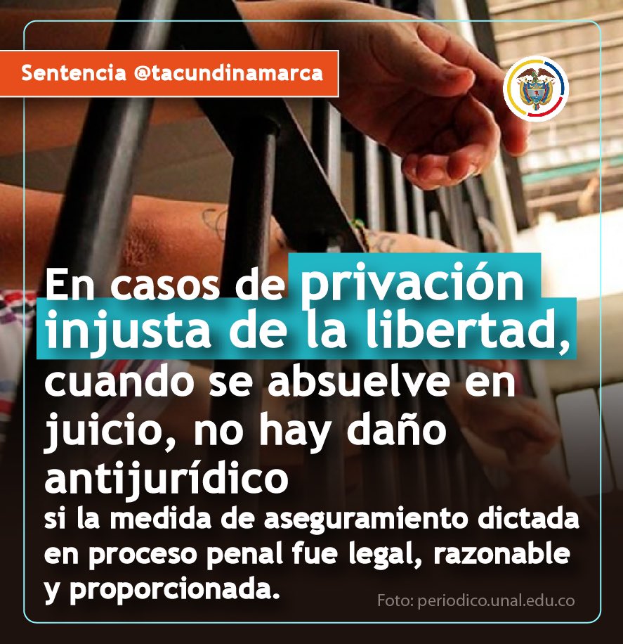 tacundinamarca's tweet photo. 🟠 En casos de privación injusta de la libertad, cuando se absuelve en juicio, no hay daño antijurídico si la medida de aseguramiento dictada en proceso penal fue legal, razonable y proporcionada.

Más detalles 👉 https://t.co/ocUyhYWUb8 https://t.co/Car05lNO1x