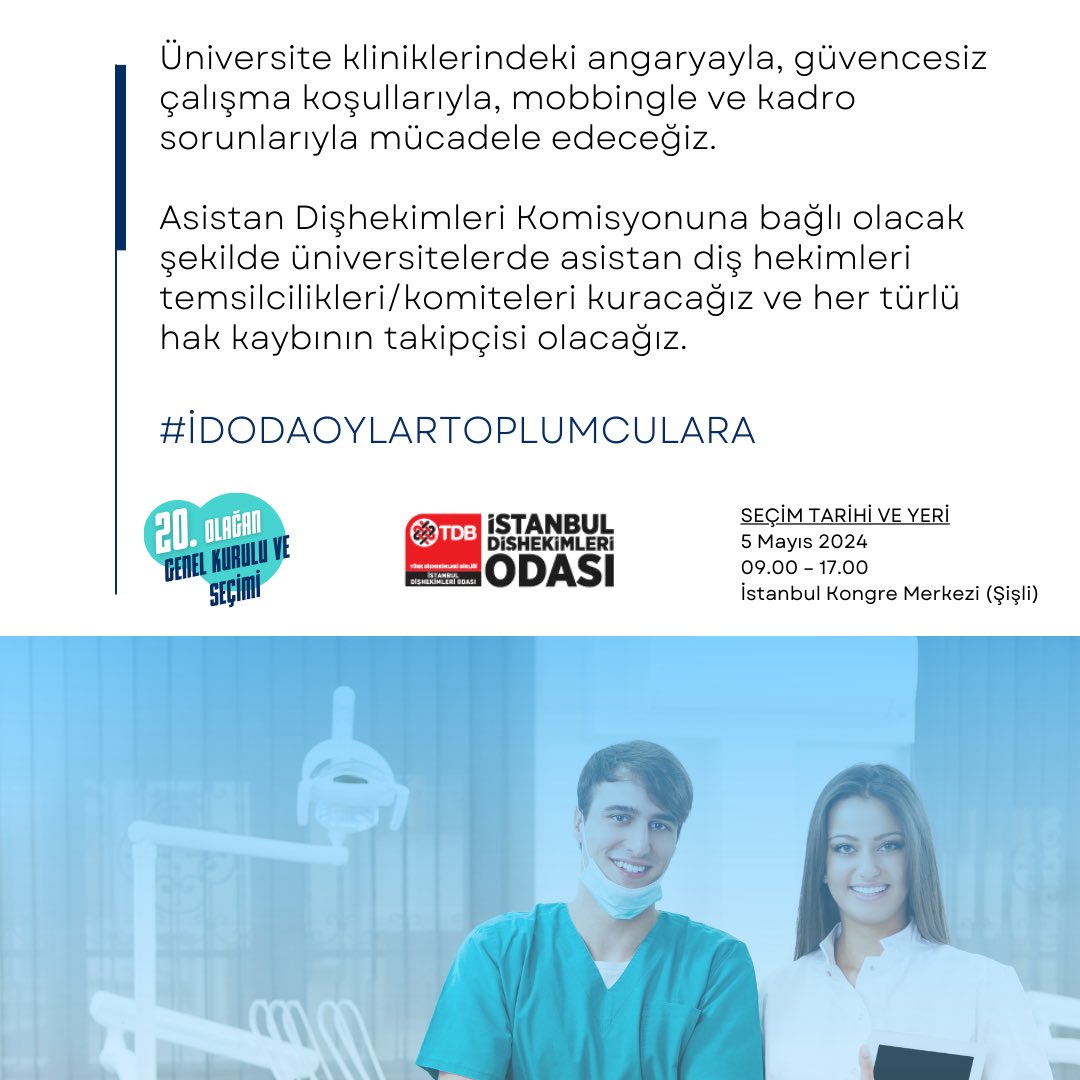 İSTANBUL DİŞHEKİMLERİ ODASI SEÇİMLERİNİ KAZANIRSAK NELER YAPACAĞIZ?

Asistan Diş Hekimlerini Yalnız Bırakmayacağız

Üniversite kliniklerindeki angaryayla,güvencesiz çalışma koşullarıyla,mobbingle ve kadro sorunlarıyla mücadele edeceğiz.

#ToplumcularÇözer
#İDOdaOylarToplumculara