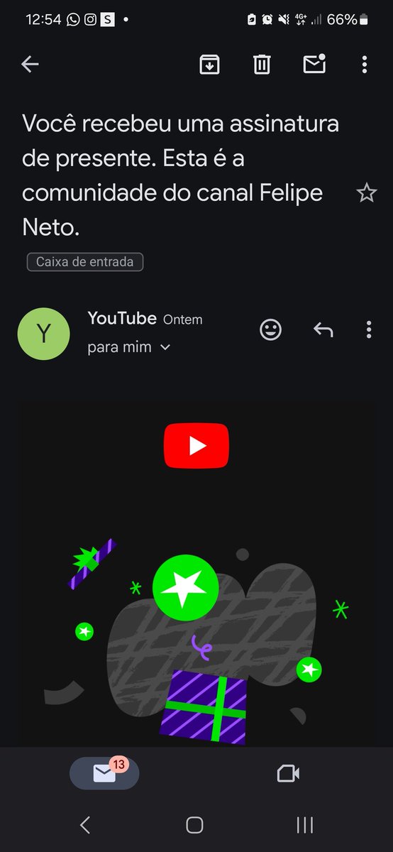 Hoje recebi uma notificação de vídeo pra membro, fiquei "????" das ideia né 

Hoje fui ler os e-mails hoje e do nada descobri que ganhei um membro durante a live ontem kkkk eu dormi no meio devido ao cansaço 

Não sei quem foi mas obrigada