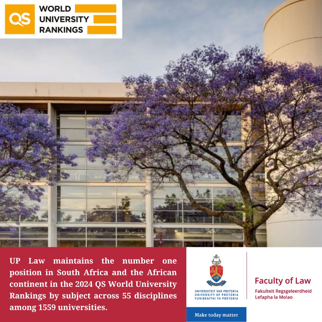 [News] UP Law holds the top position in South Africa and the African continent in the 2024 QS World University Rankings by subject across 55 disciplines among 1559 universities, based on the Global Reputation Survey conducted on Institutions in 2023. #LegalPrimaFacie #UPLaw