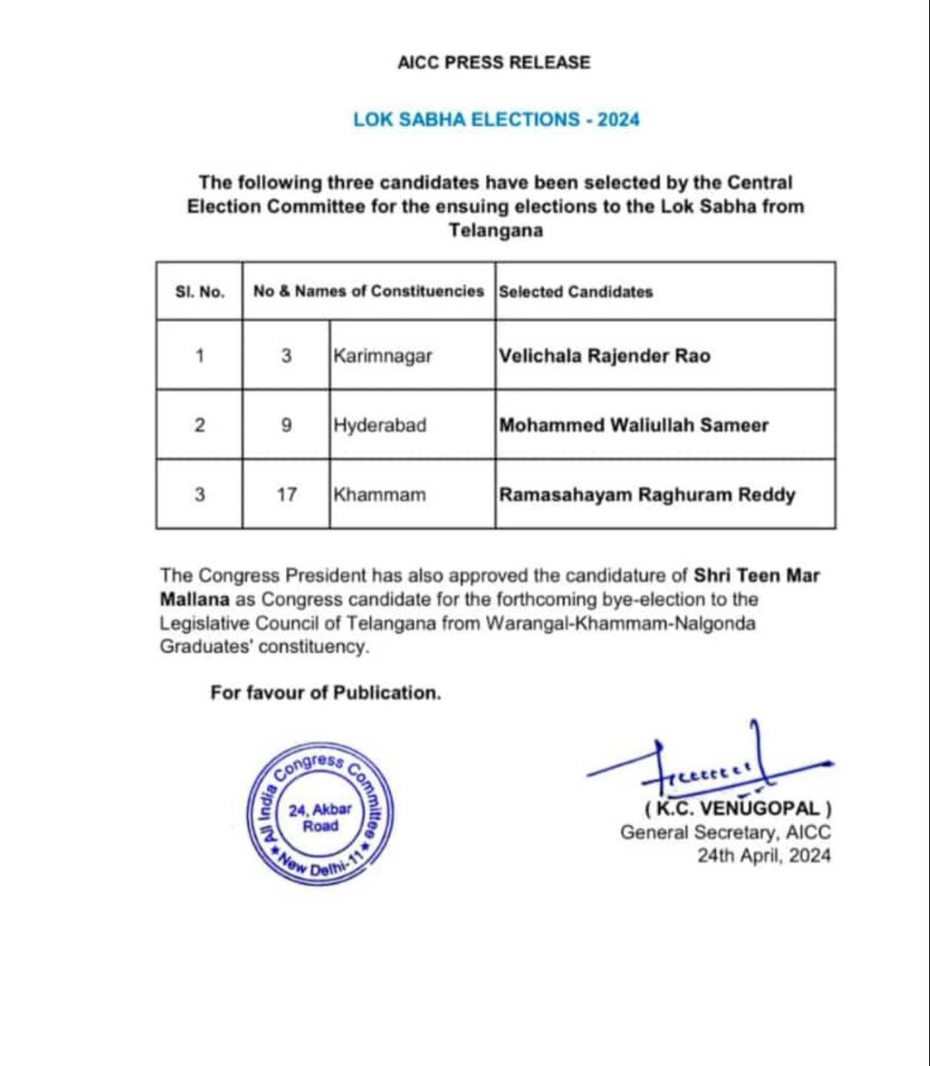 #Telangana—- One day before the Nomination ends, Congress releases names of three candidates- Khammam Hyderabad Karimnagar Follow @NewsMeter_In