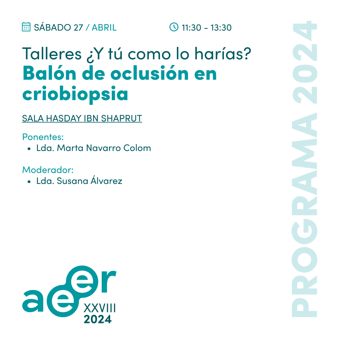 📆 Sábado 27 de abril - 🕒 11:30-13:30

Talleres ¿Y tú cómo lo harías? ⤵️

🫁 Marcaje de nódulos pulmonares a través de Navegación Electromagnética

🩺 Balón de oclusión en criobiopsia

📍 Palacio de Congresos de Córdoba

✍🏻 Información e inscripciones en aeer2024.com/inscripcion/