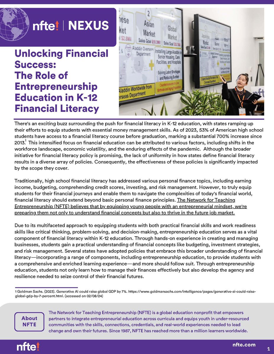 Excited to share NFTE's latest policy brief on the critical role of entrepreneurship education in K-12 financial literacy! Read the full policy brief here: nfte.com/resources/nfte…!