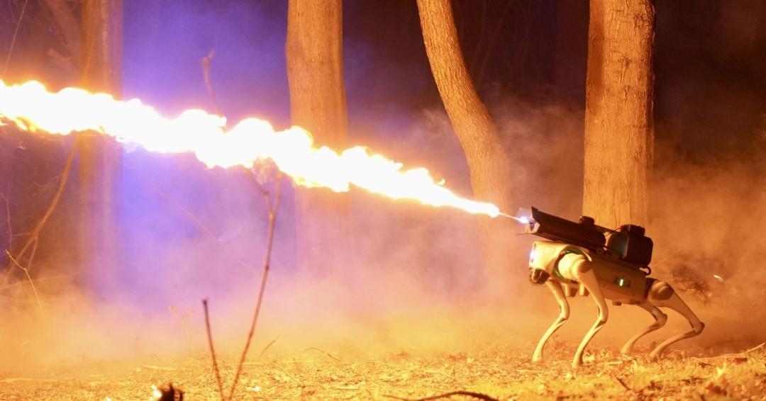 What could possibly go wrong with a 30' flamethrower attached to a robot dog... for sale over the internet for only $9420. It's even Made in America! (using a Chinese Unitree Air Go dog) news.yahoo.com/tech/flamethro…