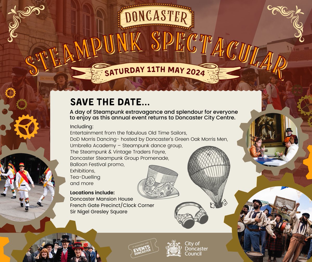VisitDoncaster's tweet photo. The Doncaster Steampunk Spectacular is returning to the City Centre on 11th May with lot's of promised fun for all. Find all you need to know here👉 https://t.co/LEVMwQ8d2e https://t.co/tzbavYOtoJ