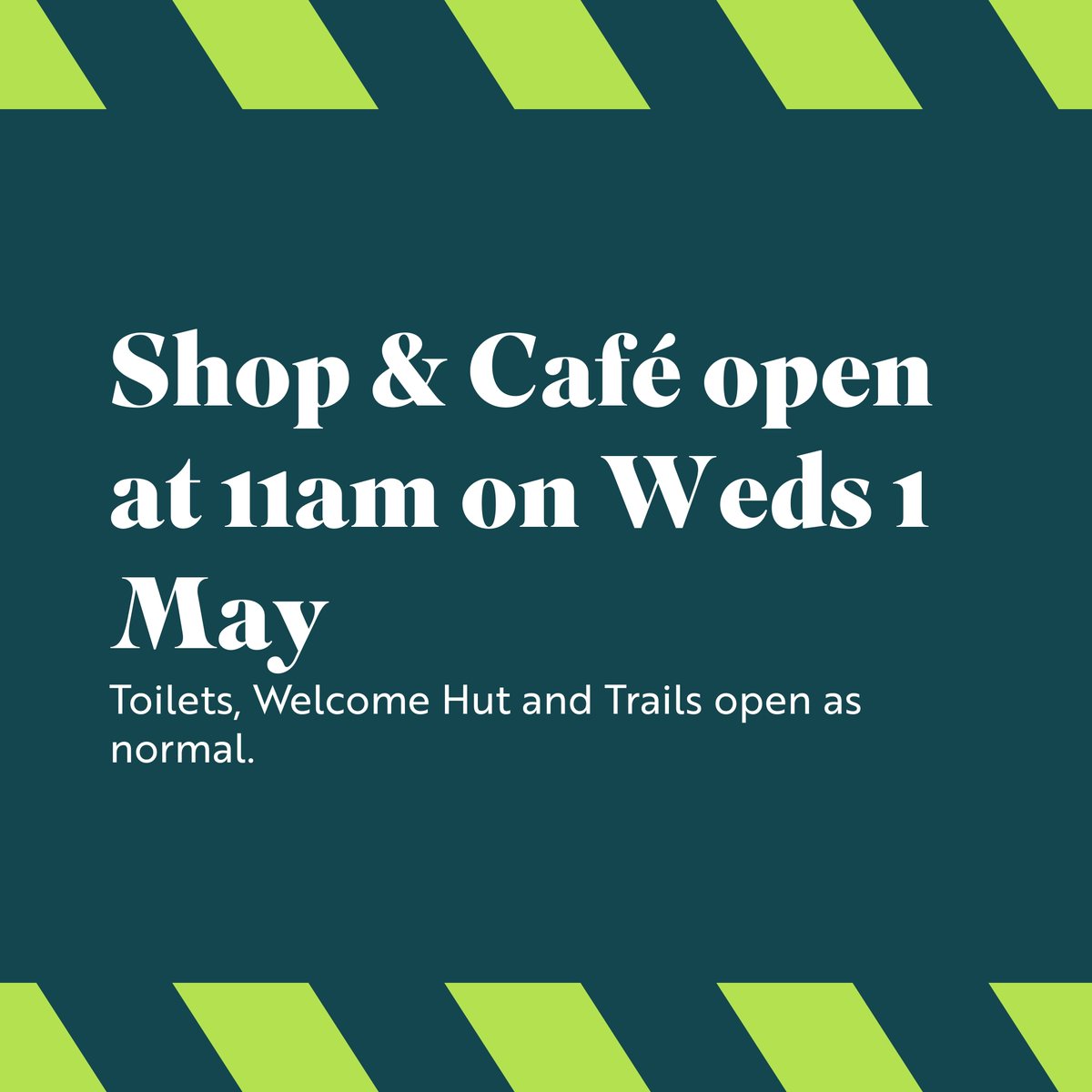 Our shop and café will be closed for an hour next Wednesday morning, 1 May to allow for essential training for our team. The toilets, welcome hut and nature trails will be open as normal. The shop and café will be open by 11am. Sorry for any inconvenience caused.