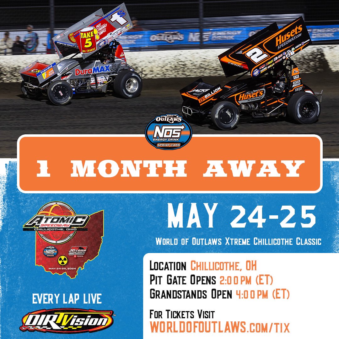 In 1 month we head to the high banks and high speeds of @AtomicSpeedway 😤 The World of Outlaws @NosEnergyDrink Sprint Cars meet up with the @Xtreme_Outlaw Midgets in Ohio for 2 nights of open wheel racing! 𝗧𝗜𝗫 🎟️: bit.ly/WoOTix 𝗜𝗡𝗙𝗢 ℹ️: worldofoutlaws.com/sprintcars/sch…