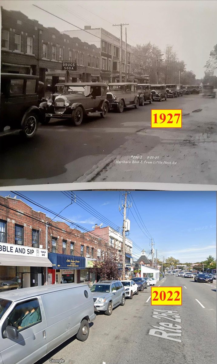 Little Neck, Queens. On Northern Boulevard looking east, a century apart. Nassau County is about 100 yards ahead.